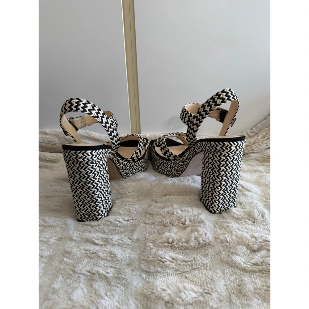 Jessica Simpson Woven Chevron Platform Sandals Black White Block Heel Square Toe